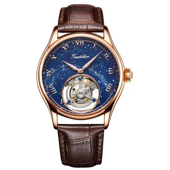 

Luxury Mens Mechanical Watches Star Sky Austrian Crystal Zircons 24K Gold Original Tourbillon Hollow Movement Watches 7006