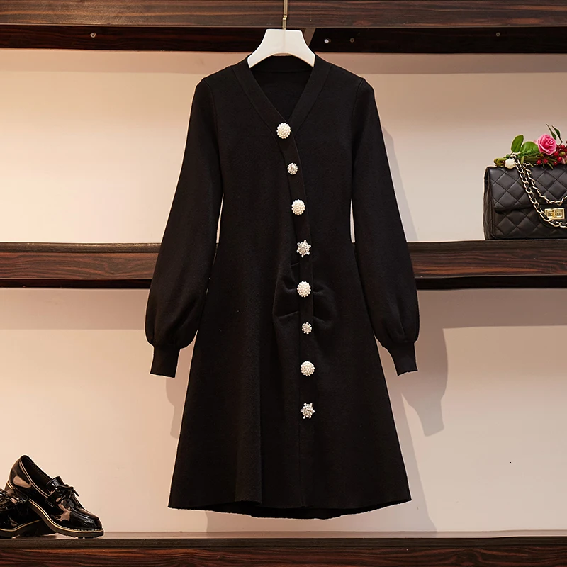 Elegant Knitted Sweater Dress Women Pearl Button Lantern Sleeve Knitting Dress 2022 Autumn Winter A Line Black Dress
Elegant Knitted Sweater Dress Women Pearl Button Lantern Sleeve Knitting Dress 2022 Autumn Winter A Line Black Dress