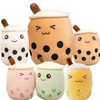Cute Cuddling Cartoon Fruit Bubble Tea Cup Shaped Pillow with Suction Tubes Real-Life Stuffed Soft Back Cushion Funny Boba Food