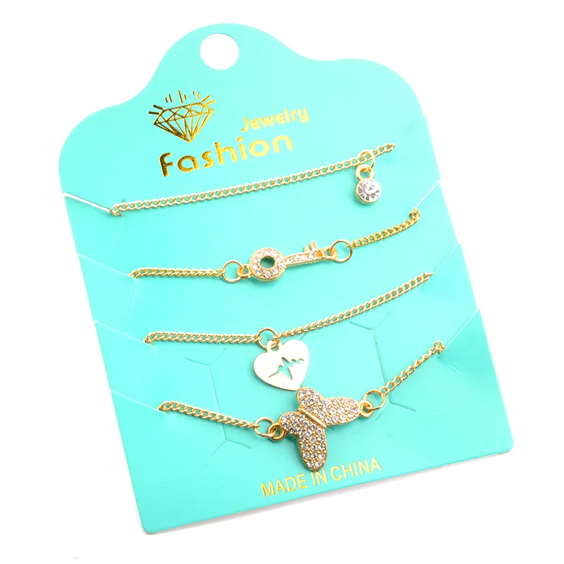 4 Pcs/Set Fashion Gold Bracelets Sets Key Butterfly Electrocardiogram Heart Round Rhinestone Cuff Bracelet Women Simple Jewelry | Украшения