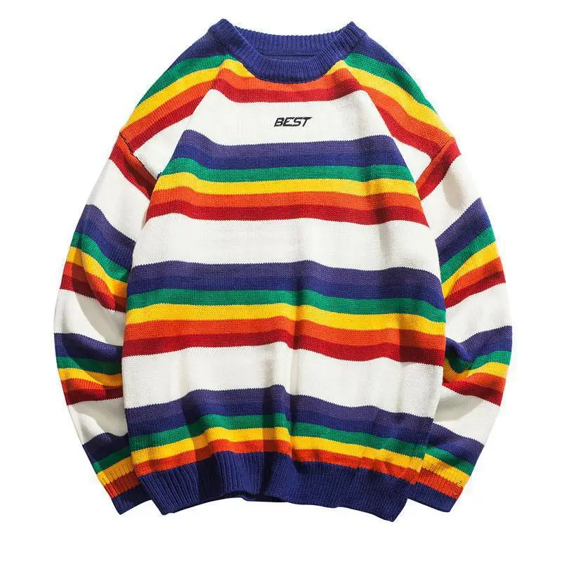 2019 Harajuku Rainbow Striped Knitted Pullover Sweaters Men Hip Hop Patchwork Streetwear Male Fashion O-Neck Sweater
2019 Harajuku Rainbow Striped Knitted Pullover Sweaters Men Hip Hop Patchwork Streetwear Male Fashion O-Neck Sweater