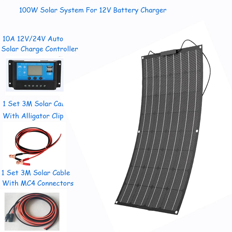 100W solar system Flexible Solar Panel 100 watt with 10A Solar Controller Module Cable 3M solar cable 12V Solar Charger
100W solar system Flexible Solar Panel 100 watt with 10A Solar Controller Module Cable 3M solar cable 12V Solar Charger