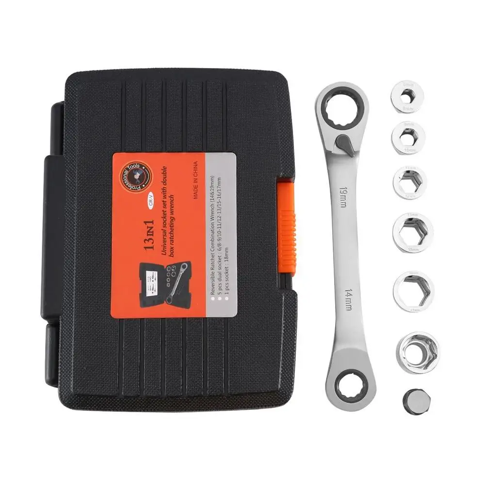 13 In 1 14/19mm Double Head Reversible Ratchet Wrench Universal Combination Spanner Socket Set 4-19mm
13 In 1 14/19mm Double Head Reversible Ratchet Wrench Universal Combination Spanner Socket Set 4-19mm