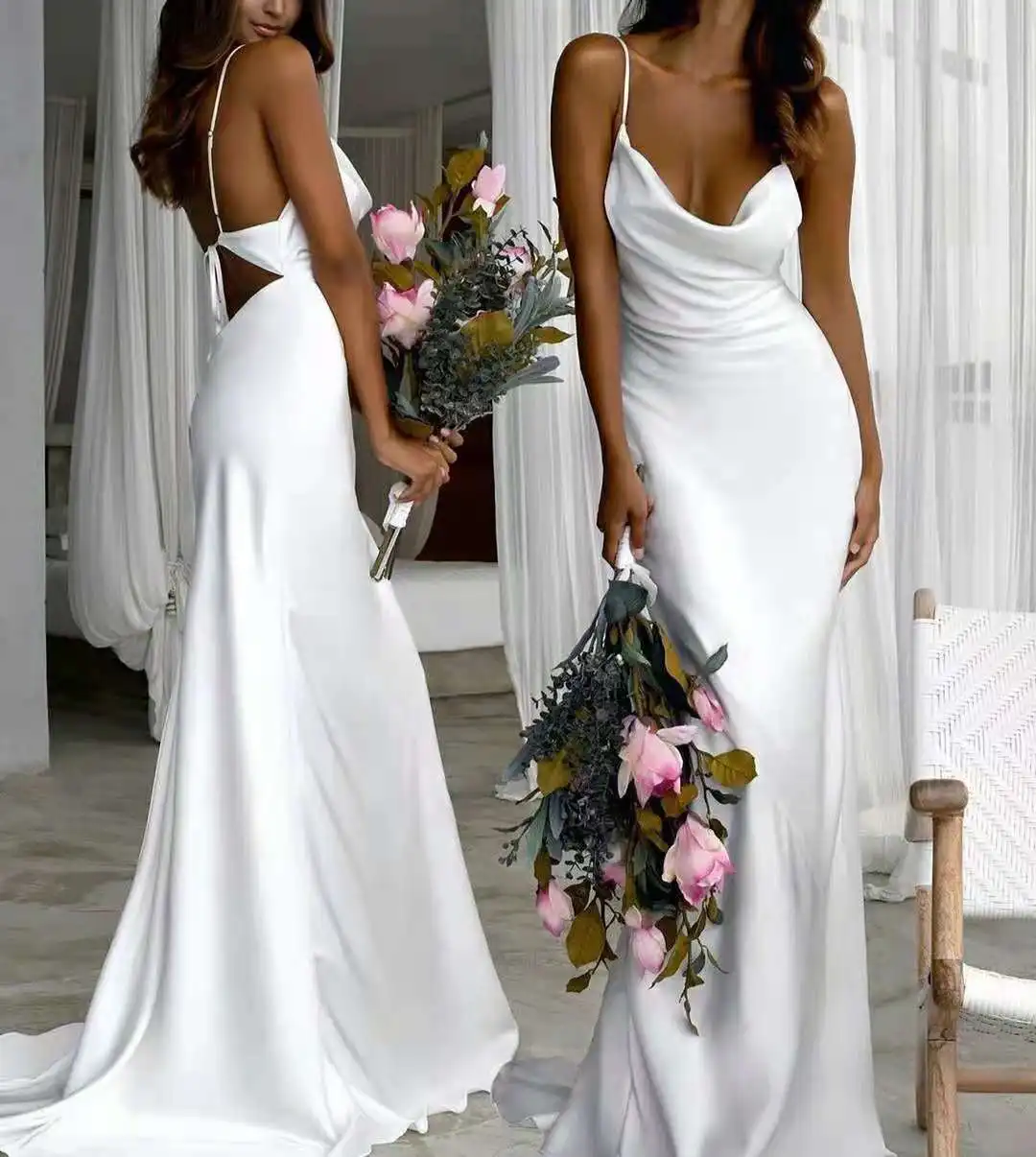 Long Cowel Neckline White Mermaid Wedding Dresses Sexy Criss Cross Back Satin Abendkleider Maxi Bridal Gowns for Women
Long Cowel Neckline White Mermaid Wedding Dresses Sexy Criss Cross Back Satin Abendkleider Maxi Bridal Gowns for Women