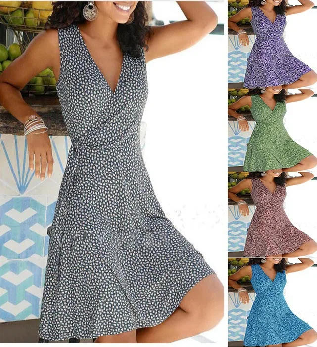 

Summer Dresses LadiesNew Casual Polka Dot V Neck Sleeveless Bandage Beach Dress Summer Bohemian Dresses For Women Free Shipping