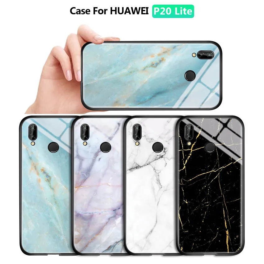 For Huawei P20 Lite Luxury Marble Pattern Glossy Phone Case Tempered Glass Back Soft Edge Cover Casing Nova 3e Coque | Мобильные