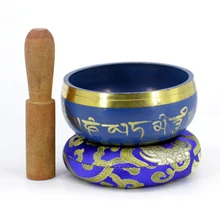 Juego de cuenco de canto Tibetano con diseño de Color azul con doble superficie de Mallet y cojín de seda promueve la paz(China)
