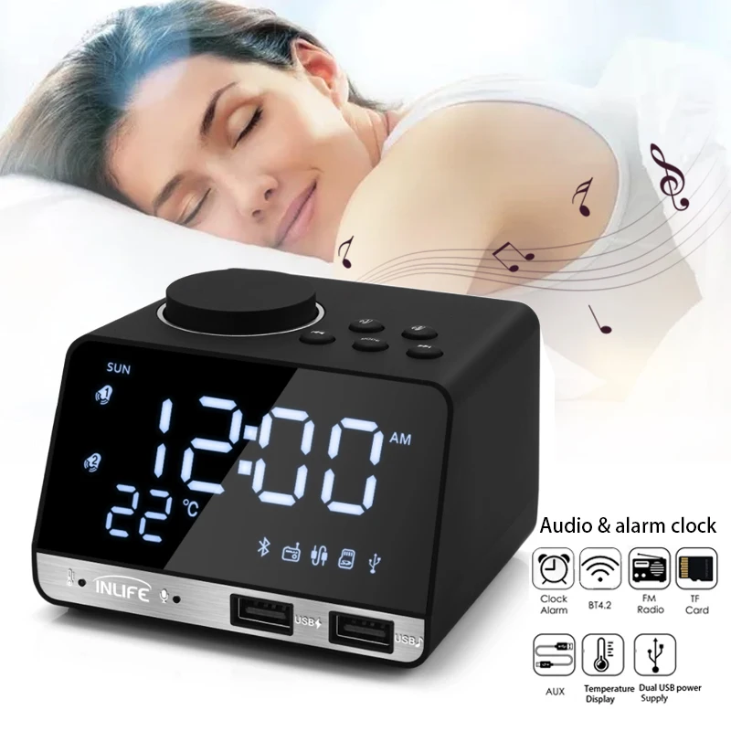 Bluetooth 4.2 Radio Alarm Clock Temperature Speaker With 2 USB Ports LED Digital Alarm Clock Snooze Table Clock Home Decor
Bluetooth 4.2 Radio Alarm Clock Temperature Speaker With 2 USB Ports LED Digital Alarm Clock Snooze Table Clock Home Decor