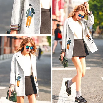 Women Winter Autumn V-Neck Single Breasted Cartoon Embroidery Wool Coats Female Fashion Pockets Comfortable Tweed Coats ZX1391 
Women Winter Autumn V-Neck Single Breasted Cartoon Embroidery Wool Coats Female Fashion Pockets Comfortable Tweed Coats ZX1391