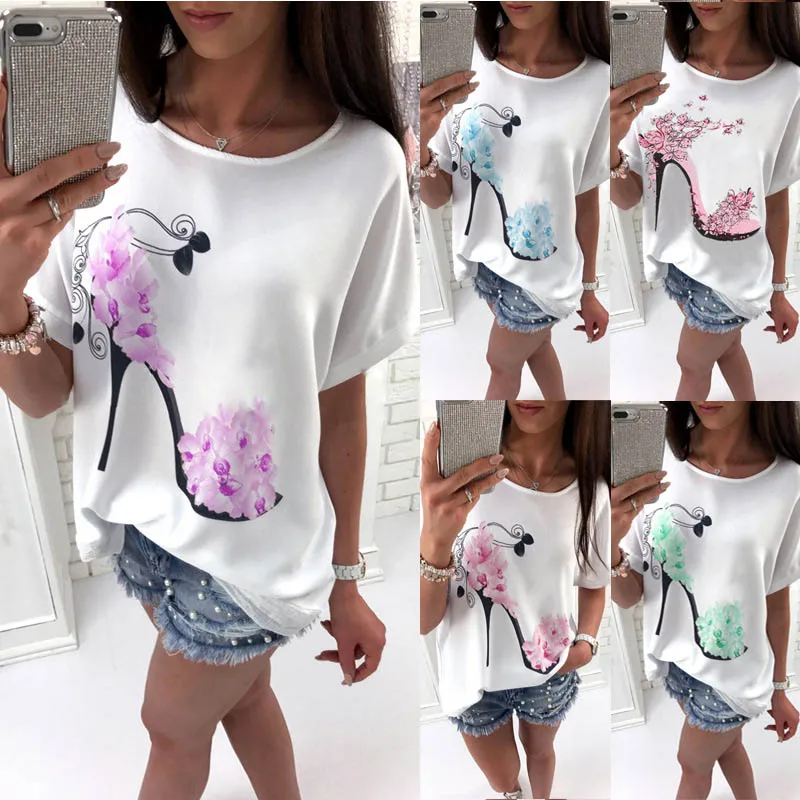 Loose bat sleeve high heels Printed T-shirt short sleeve tops 
Loose bat sleeve high heels Printed T-shirt short sleeve tops