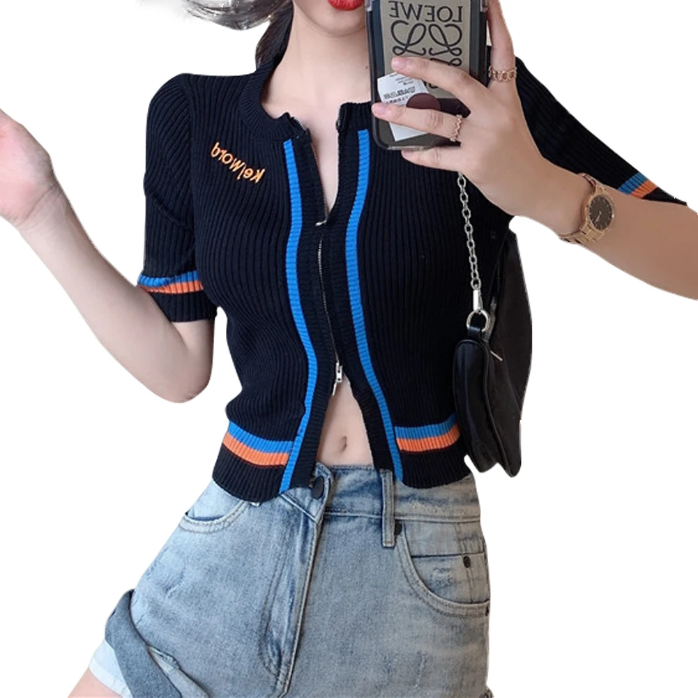 Women T-Shirt, Knitting Zipper Top, Patchwork Short Sleeve Round Collar Loose Navel Exposed Clothes 
Women T-Shirt, Knitting Zipper Top, Patchwork Short Sleeve Round Collar Loose Navel Exposed Clothes