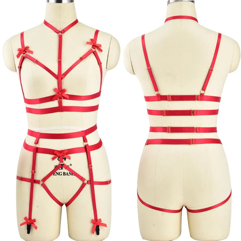 

Harness Set Sexy Red Bow Bondage body Harness bra Elastic Suspender garte belt strappy leg garter Goth underwear Halloween Rave