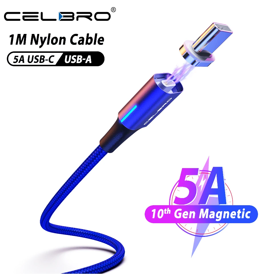 Фото Магнитный кабель USB Type C 5A супер зарядный для быстрой зарядки Type-c 1 м светодиодный