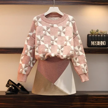 Winter Women's Suit Jacquard Jumper Knitted Tops Skirt Sets Pullover O-neck Geometric Block Mini Skirt 2 Piece Sets V011 
Winter Women's Suit Jacquard Jumper Knitted Tops Skirt Sets Pullover O-neck Geometric Block Mini Skirt 2 Piece Sets V011