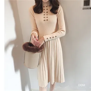 High Waist Elegant Knitted Pleated Dress Women Turtleneck Pullover Elastic Button Black Basic Winter Sweater Dresses Long Jumper
High Waist Elegant Knitted Pleated Dress Women Turtleneck Pullover Elastic Button Black Basic Winter Sweater Dresses Long Jumper