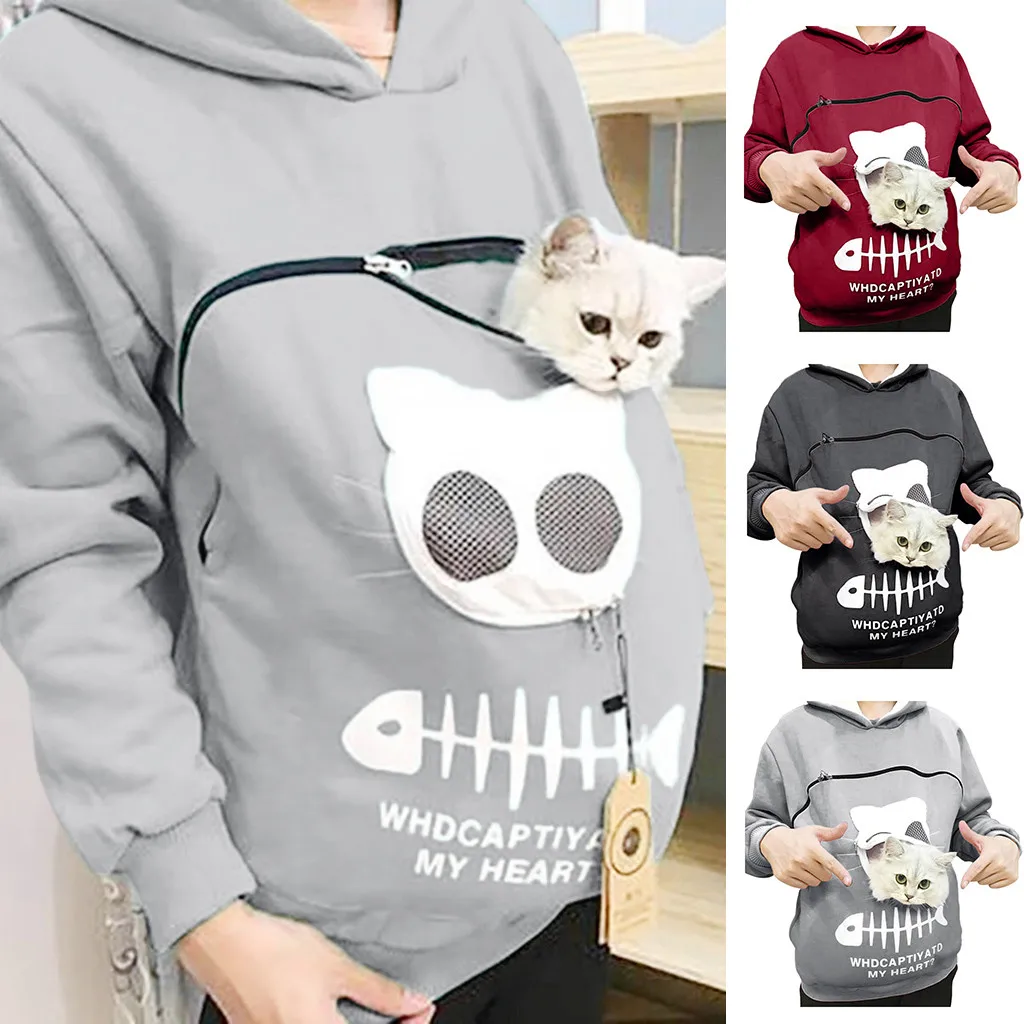 Womens Cat Hoodie Kitten Carrying Sweatshirt Zip Up Tops Shirts Breathable Pullover Blouse Soft Pet Pouch Puppy Holder