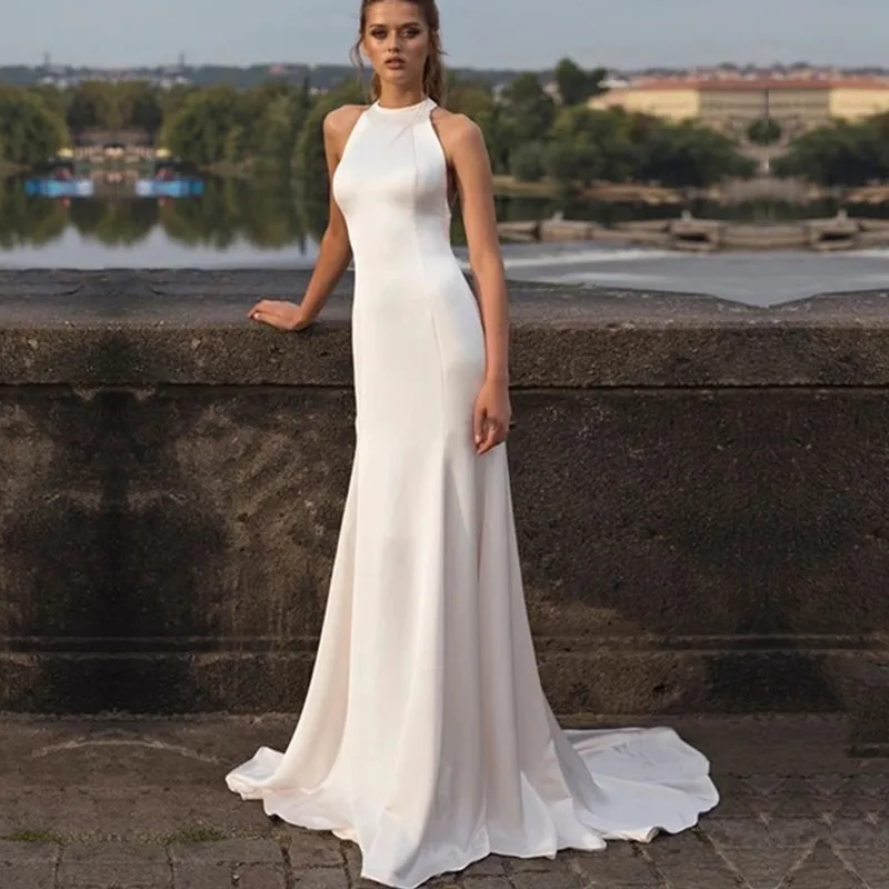 Elegant Halter Mermaid Wedding Dress 2022 Lace Appliques Sleeveless Lace Up Brush Train Bride Gown Satin Simple Robe De Mariée
Elegant Halter Mermaid Wedding Dress 2022 Lace Appliques Sleeveless Lace Up Brush Train Bride Gown Satin Simple Robe De Mariée