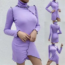 Vestido de cuello alto para mujer Vestido de punto Sexy de manga larga Irregular Vestido de cuello alto Vintage Mini vestidos bata moulante mujer @ 47(China)