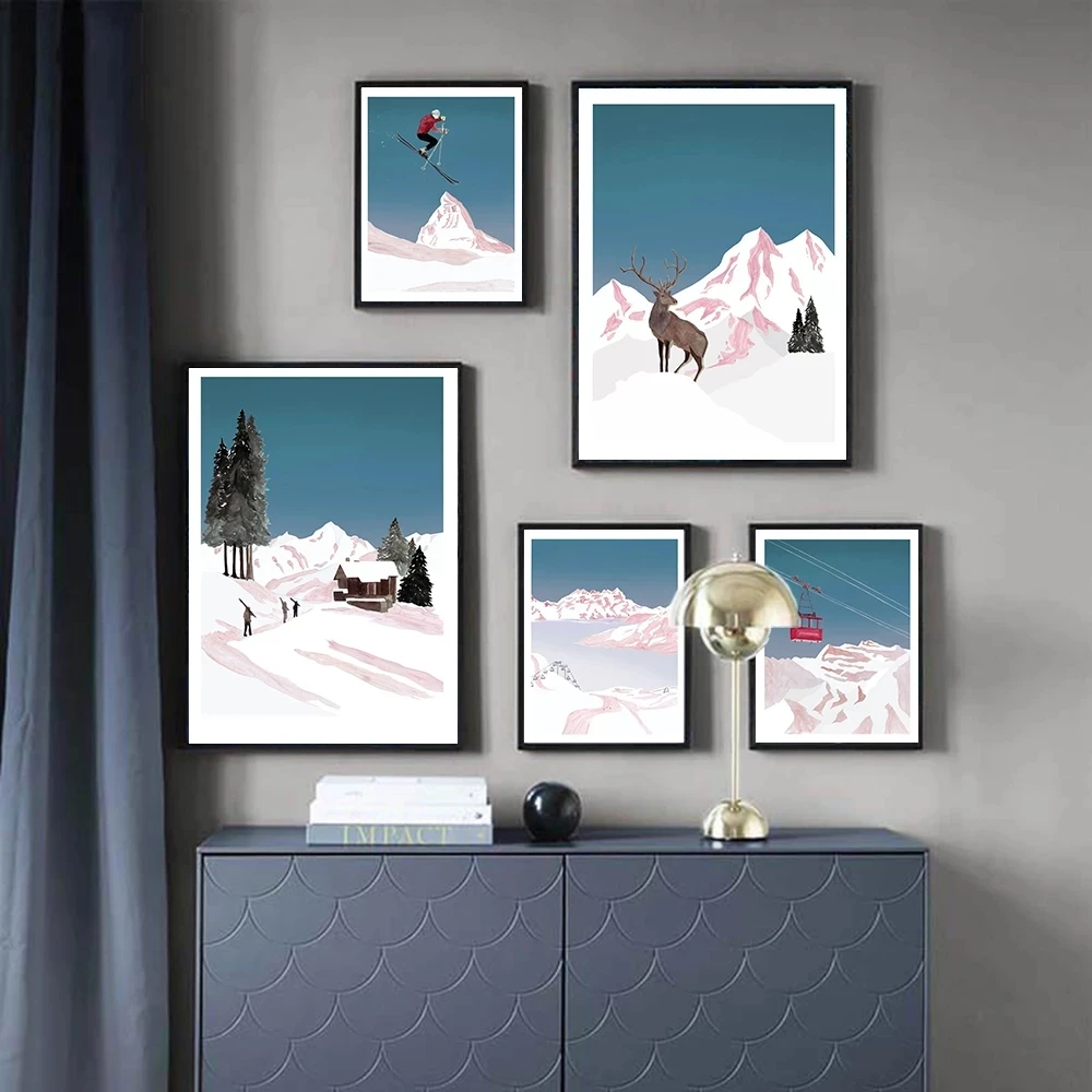 Фото Мультфильм снег гора олень Пейзаж Плакат Современная Картина на холсте