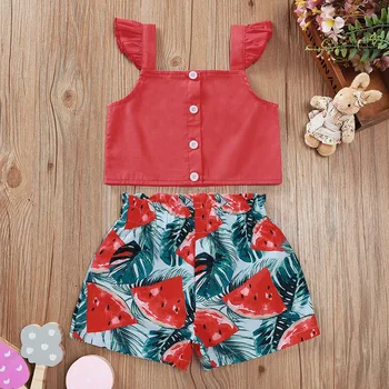 Flying Sleeve Top Red Watermelon Palm Leaf Shorts Set Girl Summer Clothes For Party Children Two Piece Outfits ropa para bebe
Flying Sleeve Top Red Watermelon Palm Leaf Shorts Set Girl Summer Clothes For Party Children Two Piece Outfits ropa para bebe