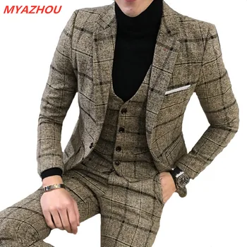 (Jacket + pants + vest) Luxury Slim 3 piece suit men's suit latest design suit fashion Men plaid wedding dress tuxedo men's suit 
(Jacket + pants + vest) Luxury Slim 3 piece suit men's suit latest design suit fashion Men plaid wedding dress tuxedo men's suit
