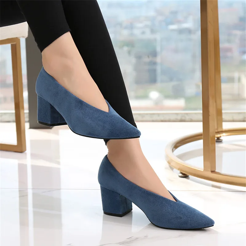 Korean High Thick Heel Single Shoes Female 2020 New High-heeled V-port Lady Shoes Comfortable Cashmere Women's Work Pumps Shoes  (18)