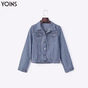 

YOINS 2020 Spring Autumn Women Jeans Coat Contrast Color Stripe Long Sleeves Side Pockets Round Neck Lapel Collar Jackets Street