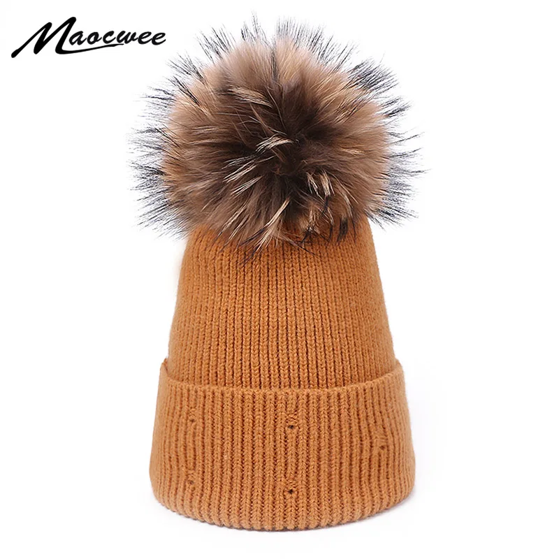 

Winter Hat Women Knitted Beanie With Real Fur Pompon Outdoor Warm Soft Trendy Hats Wool Skullies Beanies Elegant Solid Color Cap