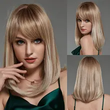 

EASIHAIR Long Ombre Blonde Bob Wigs Shoulder Length Synthetic Wigs for Women Natural Hair Straight Wig with Bangs Ash Blonde