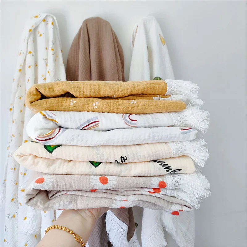 Organic Cotton Newborn Muslin Swaddle Baby Fashion Soft Fringe Swaddle Wrap Blanket Cute Print Bebe Stuff Pielucha Bambusowa
Organic Cotton Newborn Muslin Swaddle Baby Fashion Soft Fringe Swaddle Wrap Blanket Cute Print Bebe Stuff Pielucha Bambusowa
