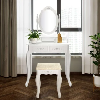Bedroom Ladies Makeup Mirror Dressers Modern Dressing Table Vanity Desk Stool 360-Degree Rotation 4 Drawers with Chair Set
Bedroom Ladies Makeup Mirror Dressers Modern Dressing Table Vanity Desk Stool 360-Degree Rotation 4 Drawers with Chair Set