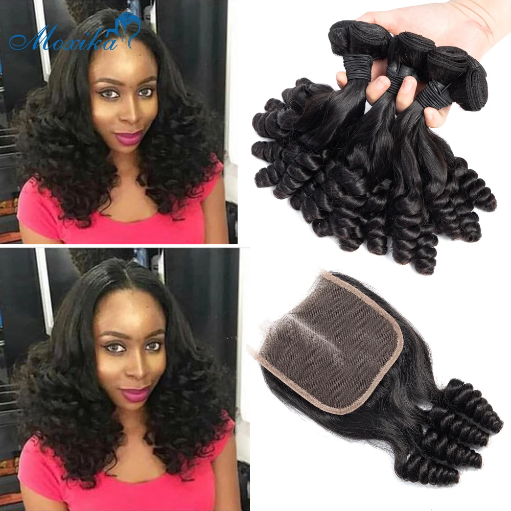 

Moxika Indian Fumi Curly Bundles With Closure Middle Part Tight Spiral Curl Remy Double Weft Human Hair Bundles With Closure