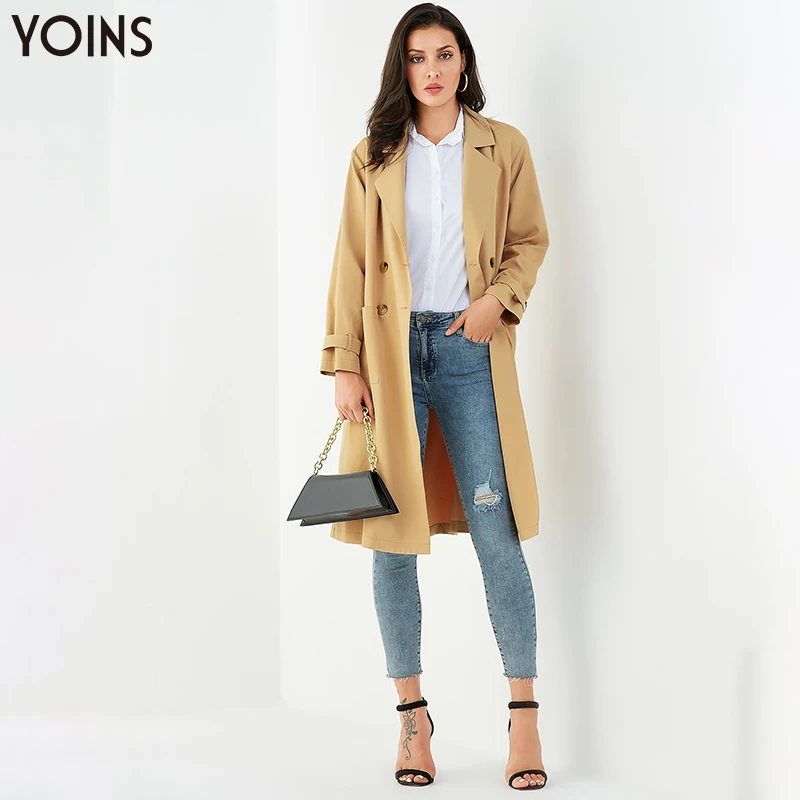 

YOINS 2019 Spring Autumn Winter Coats Women Khaki Long Sleeves Side Pockets Notch Collar Button Double breasted Coat Casual Work