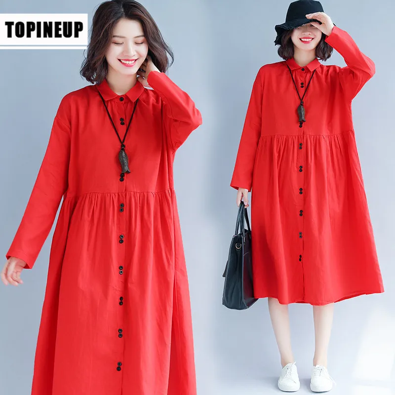 Loose Solid Color Cotton And Linen Dress Solid Red Color A-Line Lapel Office Lady Dresses Large Size Long Sleeve Female Clothing
Loose Solid Color Cotton And Linen Dress Solid Red Color A-Line Lapel Office Lady Dresses Large Size Long Sleeve Female Clothing