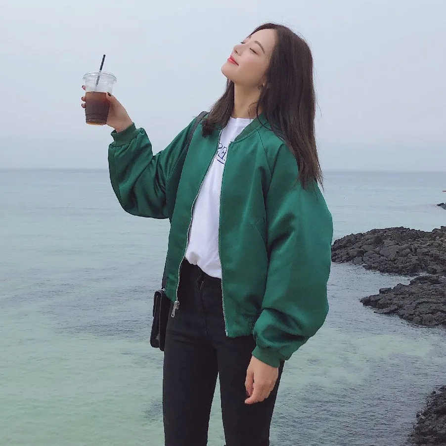 

Photo Shoot CHIC Lettered Embroidered Stand Collar Baseball Uniform Women's INS Green BF Style Loose-Fit Short Jacket Short Coat