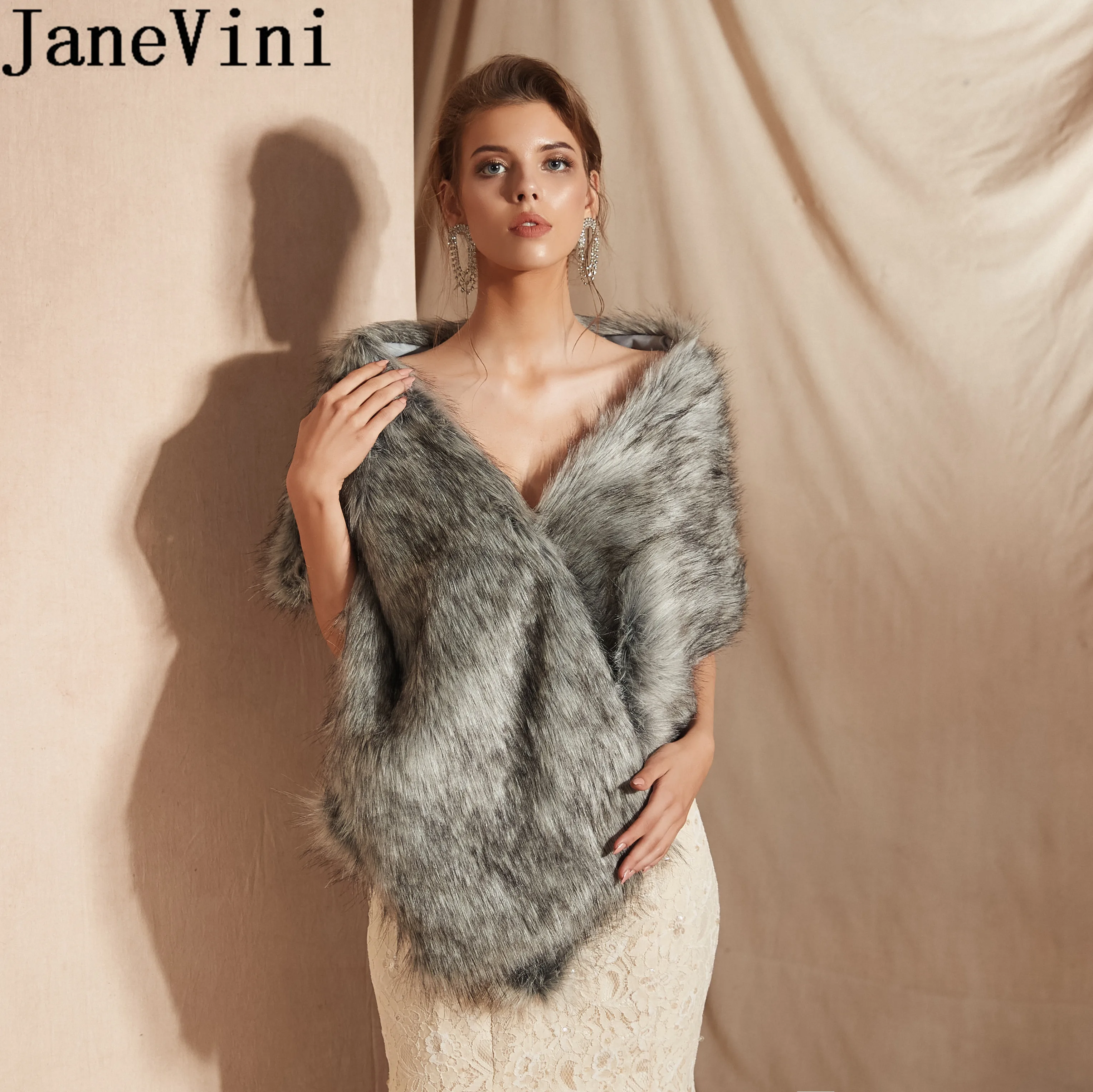 JaneVini элегантный серый искусственный мех обертывание для свадебного платья