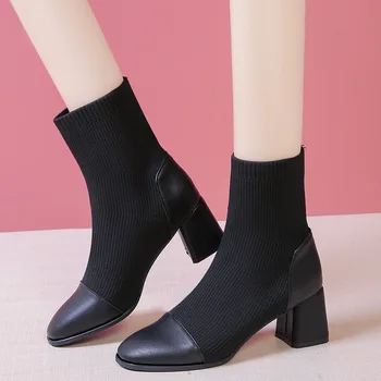 2019 elastic socks boots Women's square head thin boots autumn single boots all-match thick heel short boots
2019 elastic socks boots Women's square head thin boots autumn single boots all-match thick heel short boots