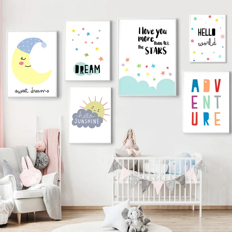 Baby Nursery Art Hello Sunshine Sleep Moon Canvas Poster Colorful Print Painting Kid Room Decorative Picture Home Decor
Baby Nursery Art Hello Sunshine Sleep Moon Canvas Poster Colorful Print Painting Kid Room Decorative Picture Home Decor