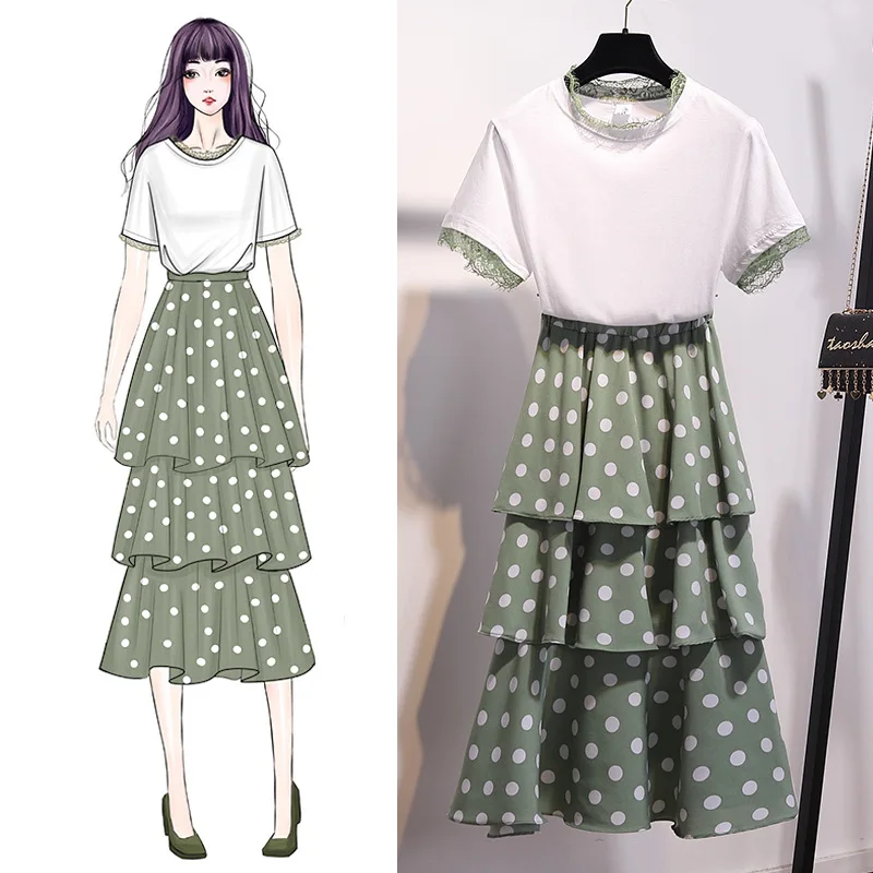 Lace Joint T-shirt Polka Dot Cake Skirt 2019 Spring And Summer Korean-style Two-Piece Set Western Style Fashion Network Red 
Lace Joint T-shirt Polka Dot Cake Skirt 2019 Spring And Summer Korean-style Two-Piece Set Western Style Fashion Network Red
