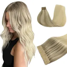 

POPUKAR Tape in Human Hair Extensions Platinum Blonde Balayage Seamless Skin Weft Straight Remy Human Hair 16 inches 20pcs 40g