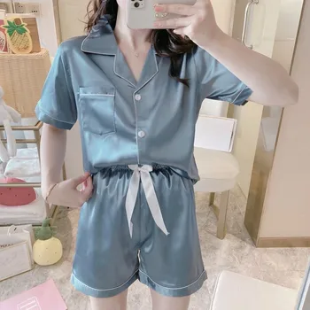 Foply Women's Sleepwear Sexy Satin Faux Silk Pajamas Sets Spring Summer Pajama Women Short Sleeve Shirts and Shorts Bow Decratio 
Foply Women's Sleepwear Sexy Satin Faux Silk Pajamas Sets Spring Summer Pajama Women Short Sleeve Shirts and Shorts Bow Decratio