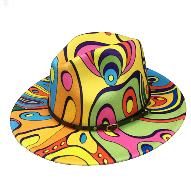 

Women Colorful Belt Wide Brim Fedora Hat Church Derby Top Hat Men wool British style Jazz Cap Panama Felt Fedoras Hat