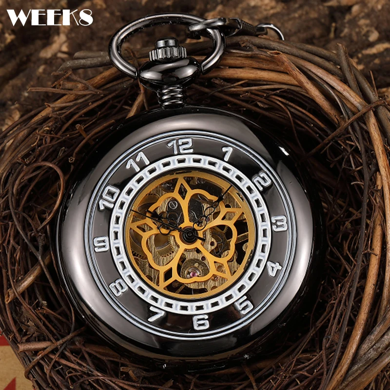 

Roman Numeral Mechanical Pocket Watch Classic Old Vintage Engraved Steampunk Skeleton Fob Chain Clock for Men Women Collection