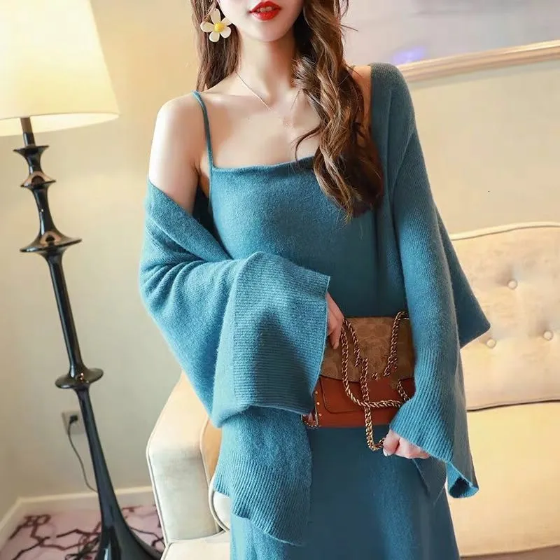 Knitted Sweater Spaghetti Strap Dress Two Piece Suit Women Sleeve Cardigan Coat And Midi Outfits Loose Set | Женская одежда