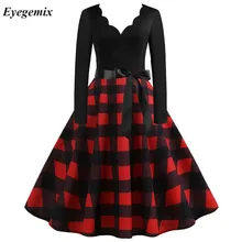 Vintage Plaid impresión vestido de Navidad de las mujeres casuales Patchwork vestido de fiesta nota Musical bata 50S 60S rockabilly, swing, pinup Vestidos(China)