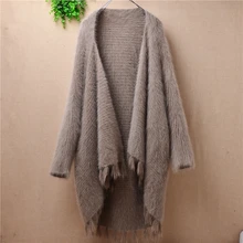 New elegant women ladies grey angora rabbit hair knitting long sleeve sweater sable shawl swing coat cardigans oversize(China)