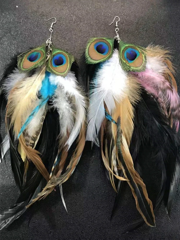 Fashion 1PCBohemian Long Feather Dangle Earrings For Women Beach Chain