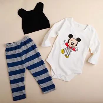 

Newborn Baby Kids Romper Micky Mouse Minnie Cartoon Outfits 3pcs Tops+Pants+Hats