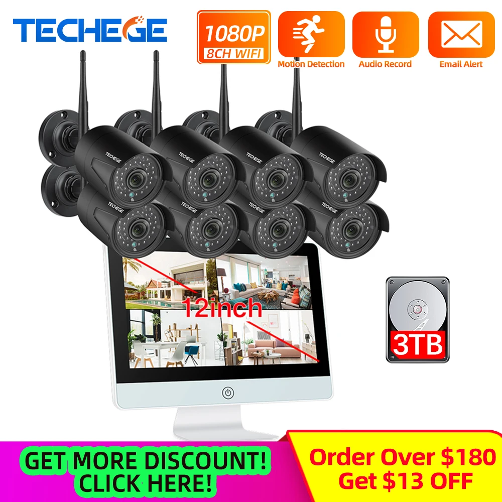 Techege 8CH 1080P Wireless NVR CCTV Camera System 12" LCD Screen Audio Record Outdoor IP Camera Security Surveillance Camera Kit
Techege 8CH 1080P Wireless NVR CCTV Camera System 12" LCD Screen Audio Record Outdoor IP Camera Security Surveillance Camera Kit