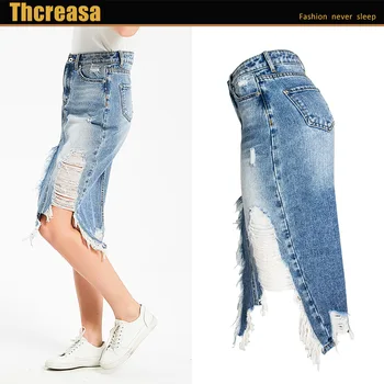 

Spot foreign trade women's skirts Europe and the United States hot selling explosive models irregular tassels ripped denim skirt